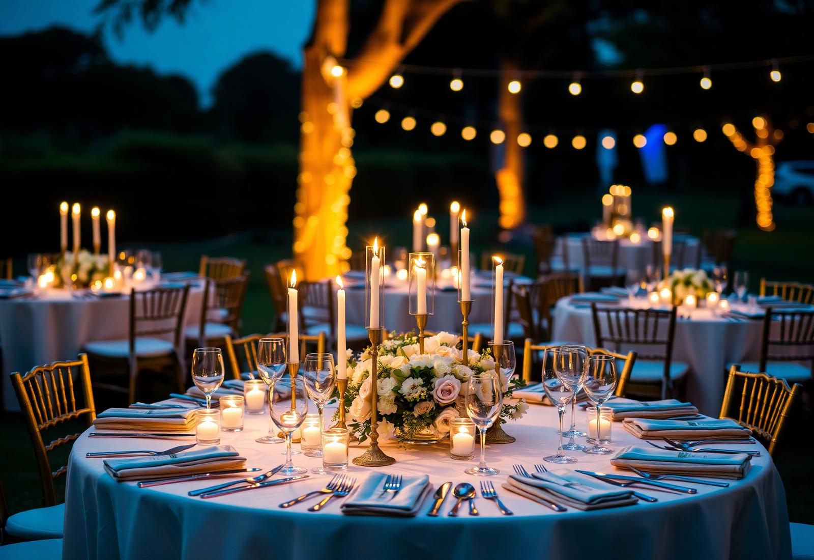 Elegant candlelit outdoor wedding reception table setting at dusk