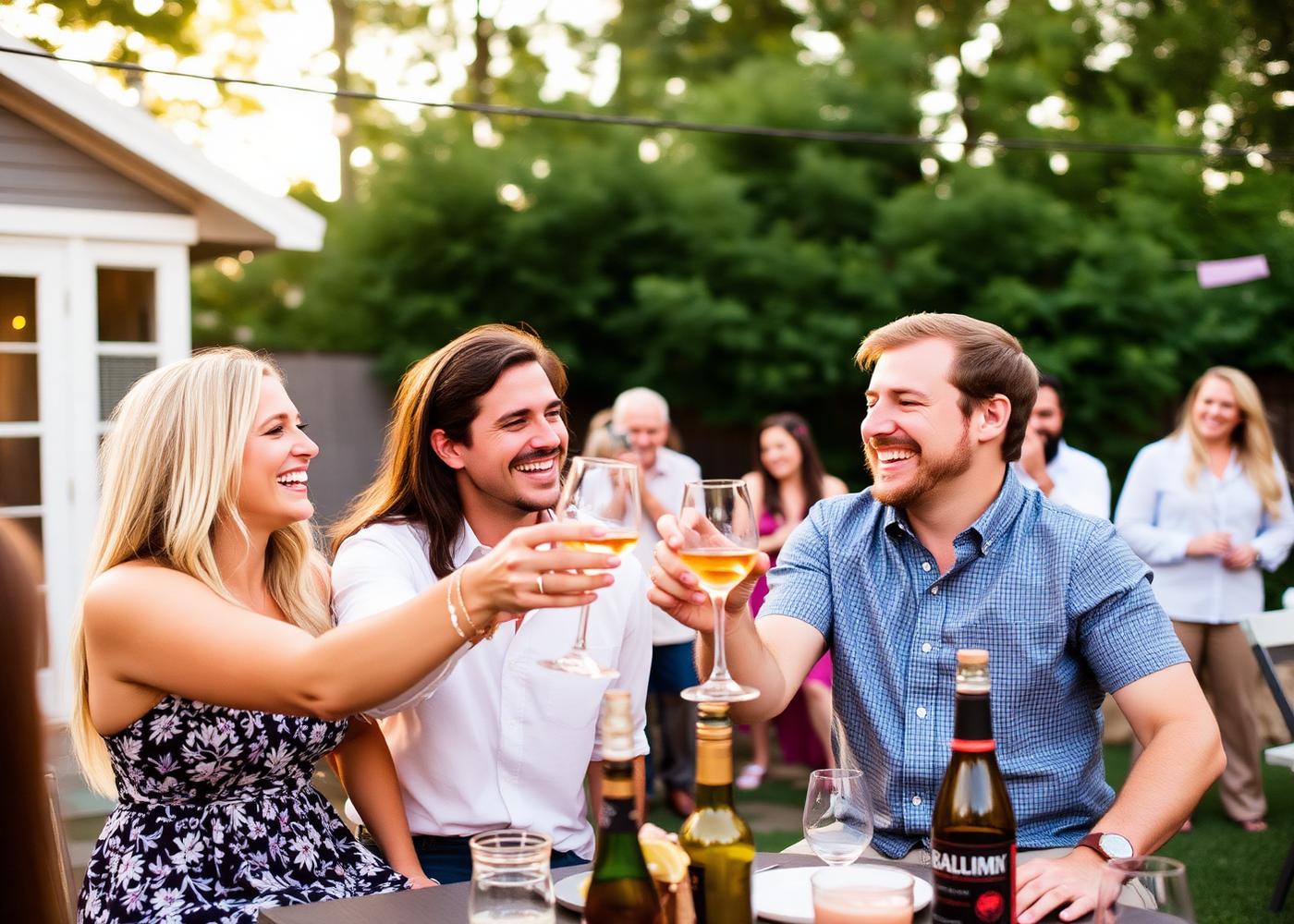 Hosts laughing and toasting at their own backyard party
